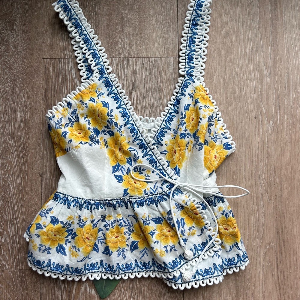 FARM Rio White Wrap Camisole with Yellow Floral & Blue Trim - Picture 1 of 3